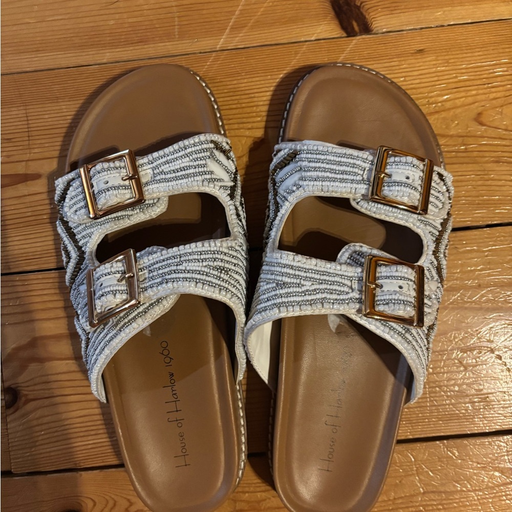 House of Harlow 1960 Textured Sandals with Gold Buckles